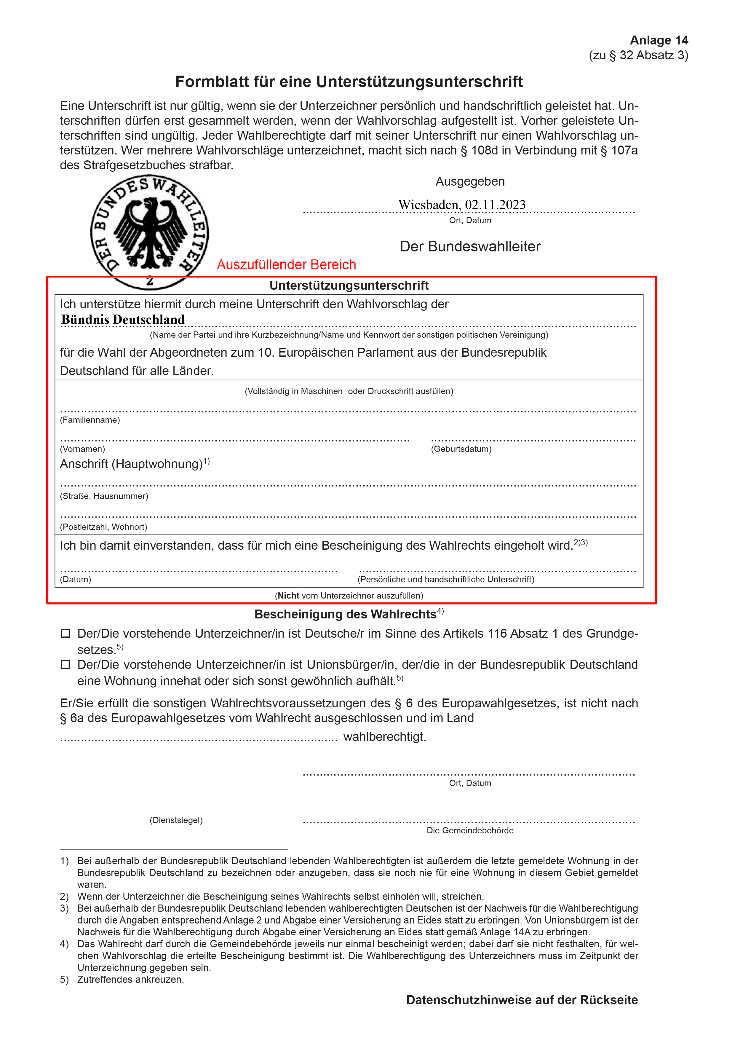 Unterschriftenformular für die Europawahl Teil 1